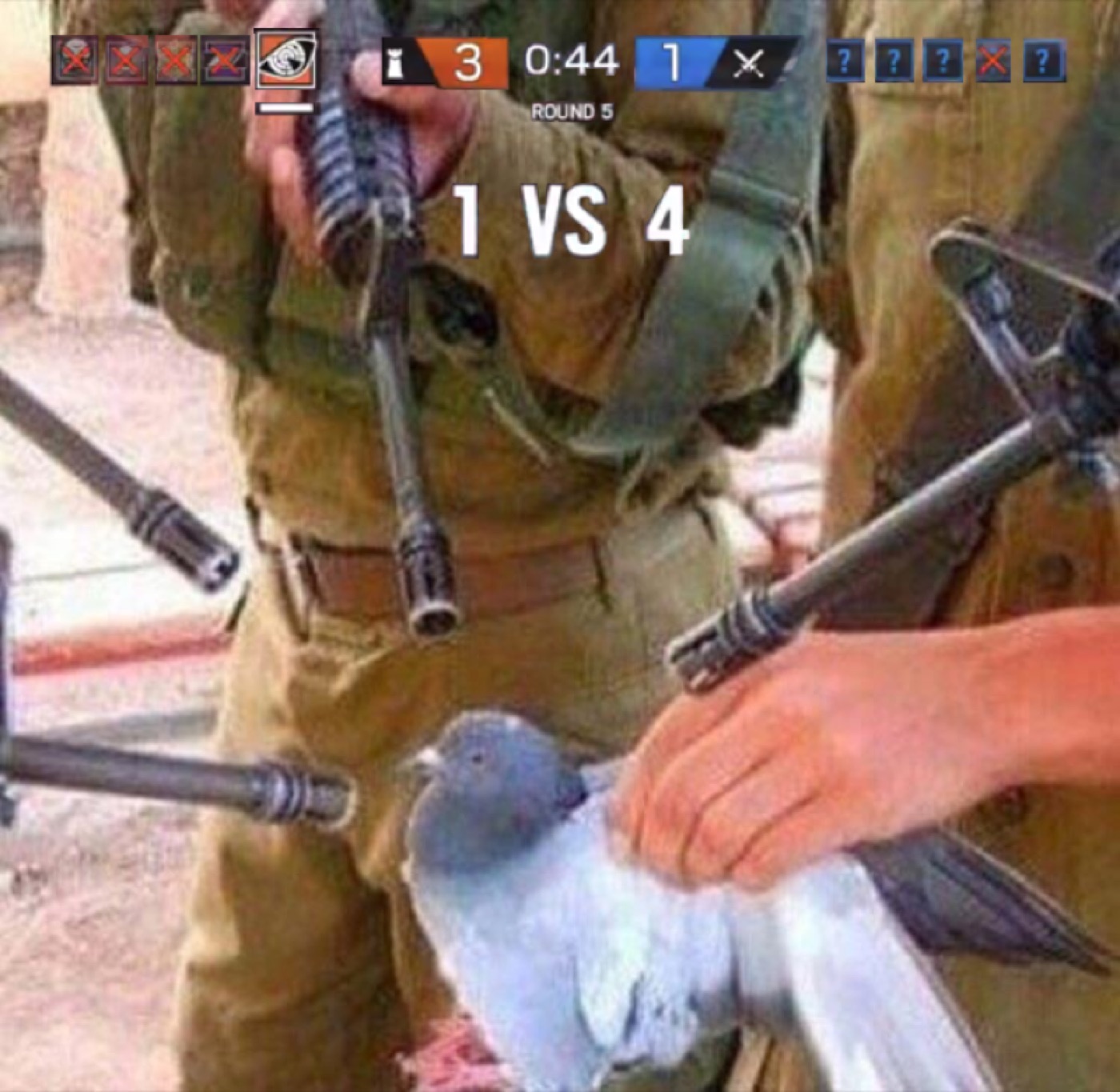 Pigeon held in a hand as soldiers point rifles at it, overlaid with a video-game scoreboard HUD reading "1 VS 4"