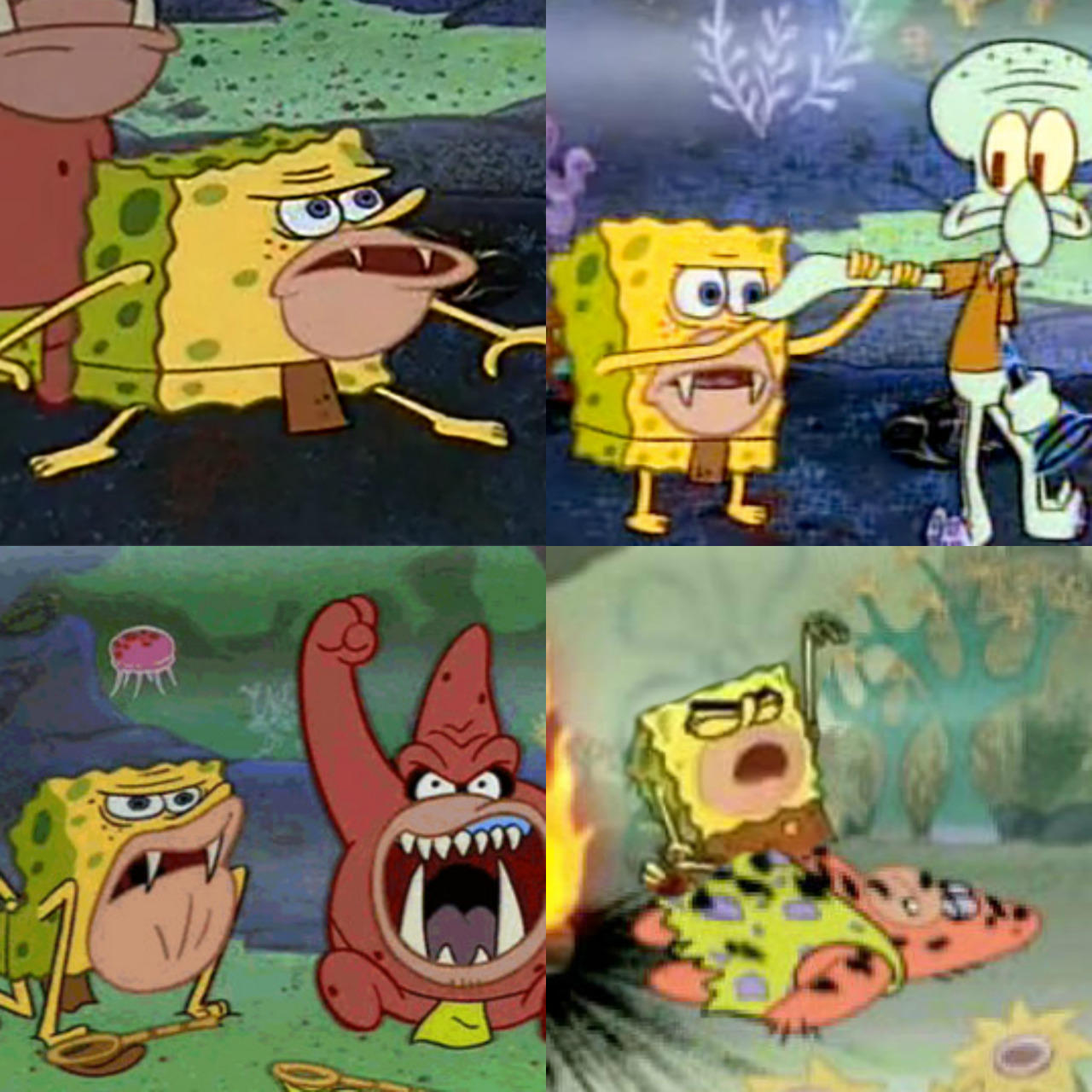 Four cartoon screenshots of a yellow sponge drawn as a snaggle-toothed caveman, alongside a red starfish and a green squid