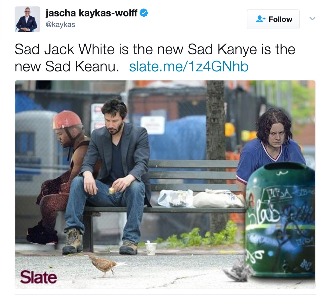 Tweet reading "Sad Jack White is the new Sad Kanye is the new Sad Keanu" above three glum men on a city bench