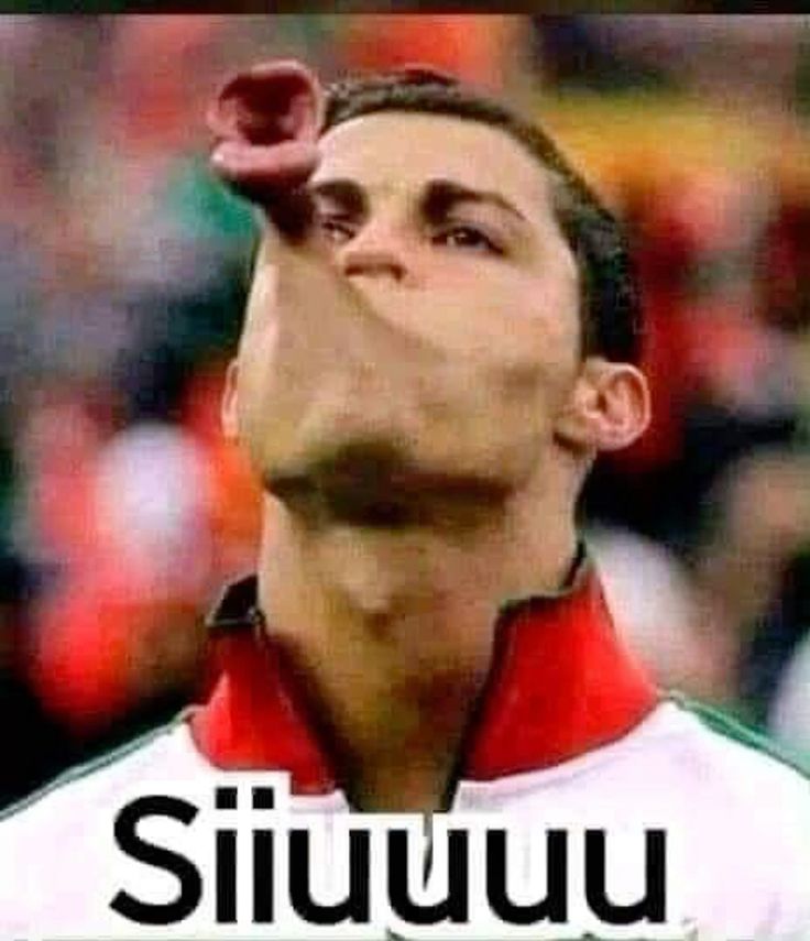 Blurry photo of a footballer in a white and red collared kit shouting head-back, captioned "Siiuuuu"