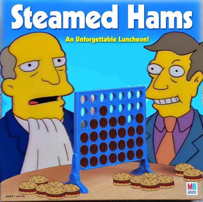 Connect Four box-art parody with two Simpsons characters, burgers and grill-marked discs, titled "Steamed Hams: An Unforgettable Luncheon!"