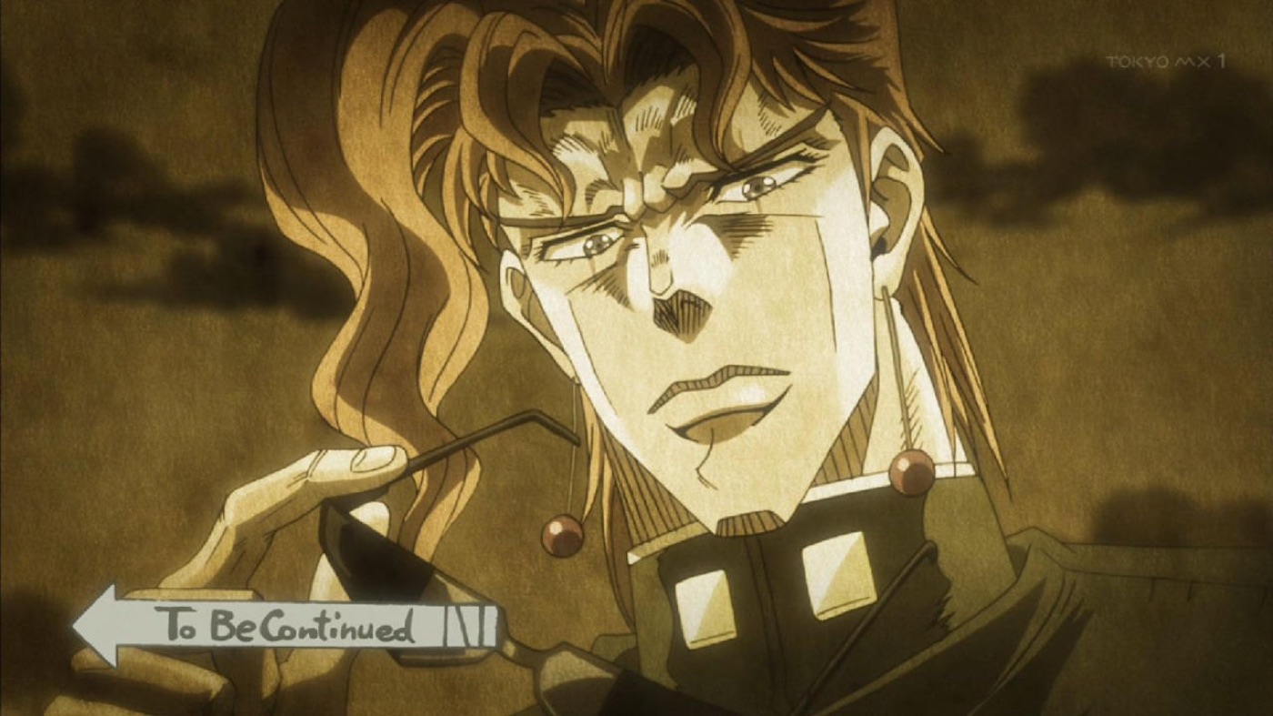 A sepia-toned JoJo's Bizarre Adventure freeze-frame with the yellow "To Be Continued" arrow