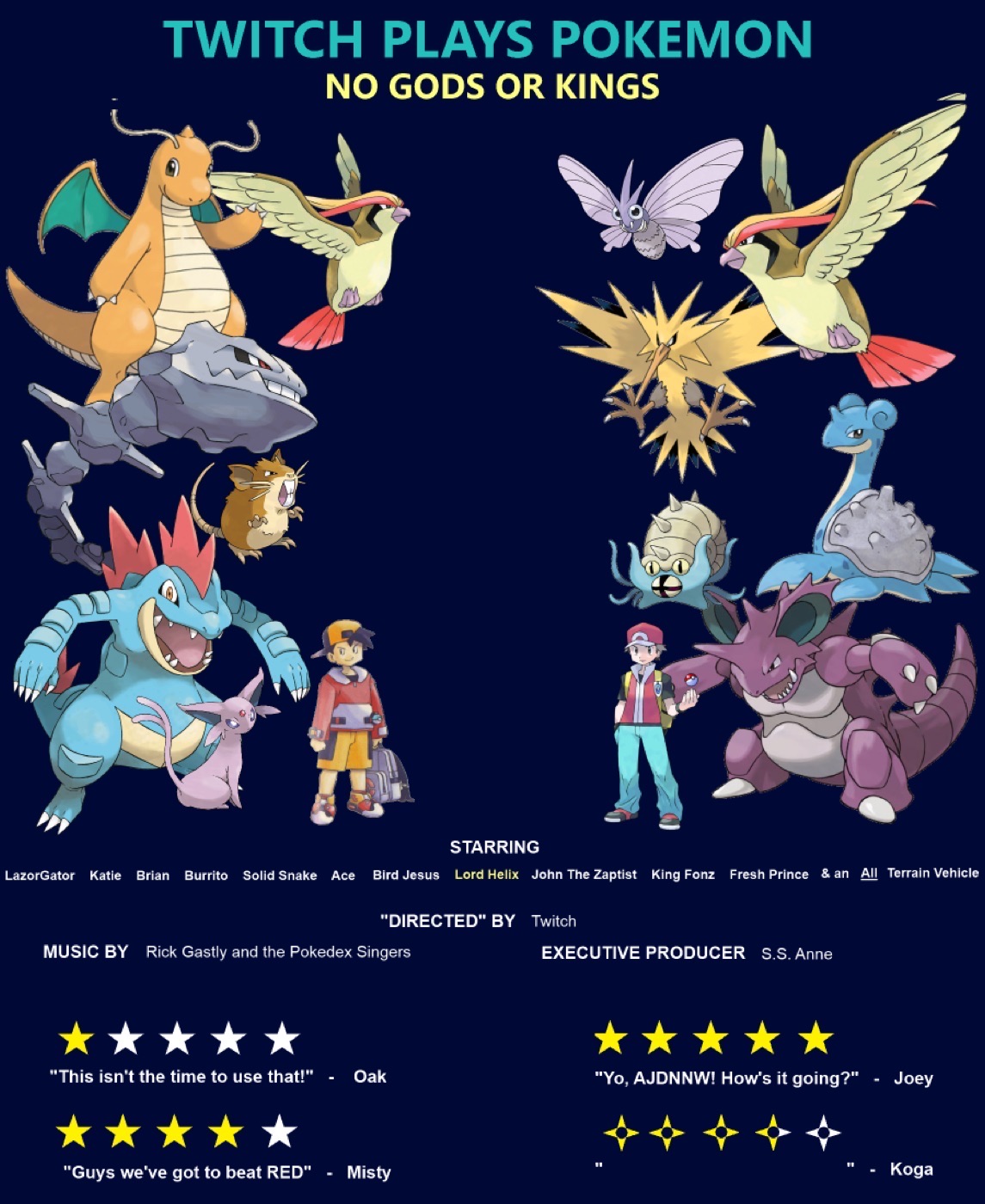Fan-made poster headed "TWITCH PLAYS POKEMON / NO GODS OR KINGS" with Pokemon artwork, mock credits and star ratings