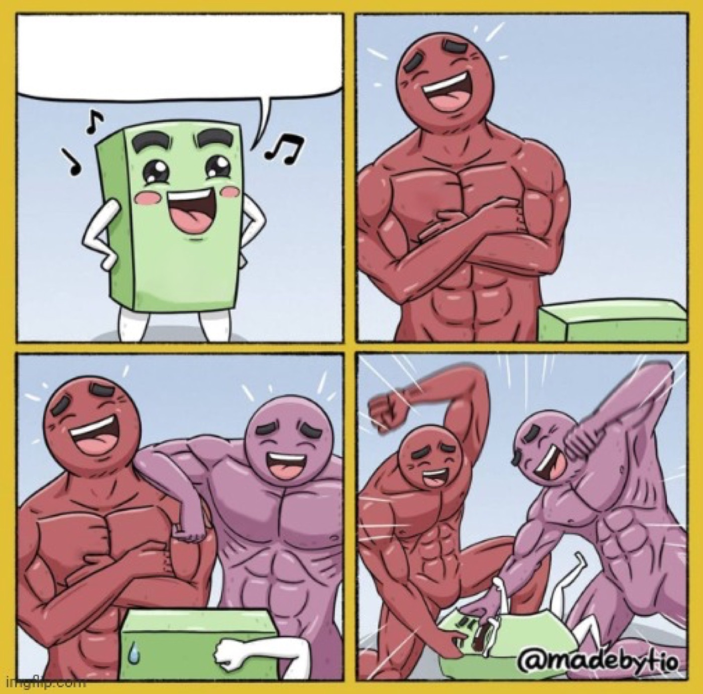 The blank "two buff men beating up a rectangle" template: two muscular men and a green rectangle with an empty speech bubble