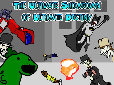 Crude MS Paint cartoon brawl of superheroes, a robot and a dinosaur under the title "The Ultimate Showdown of Ultimate Destiny"