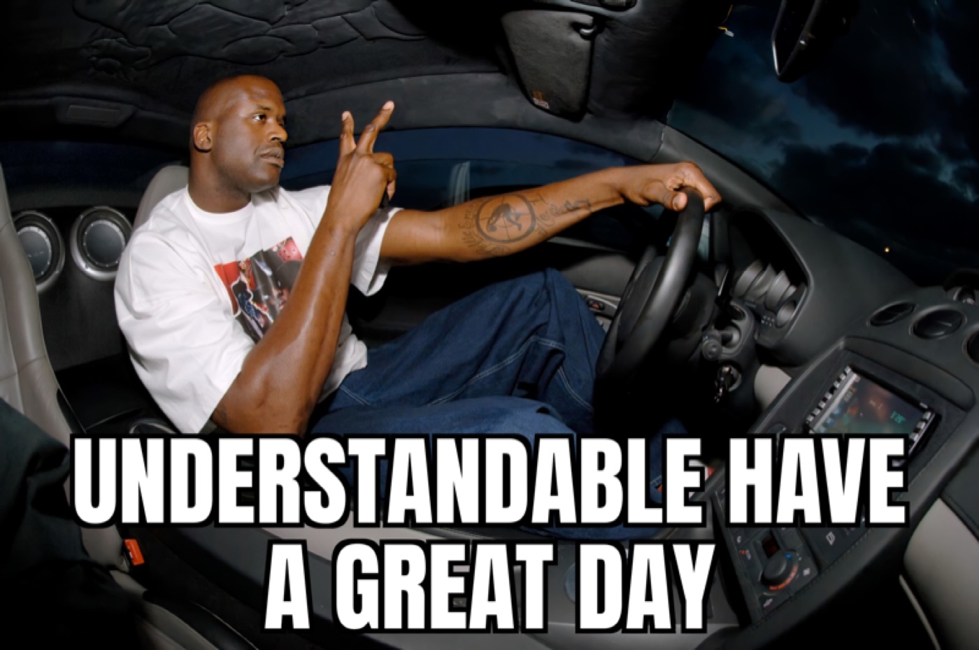 Man in a white tee sitting in a car's driver seat holding up a peace sign, captioned "UNDERSTANDABLE HAVE A GREAT DAY"