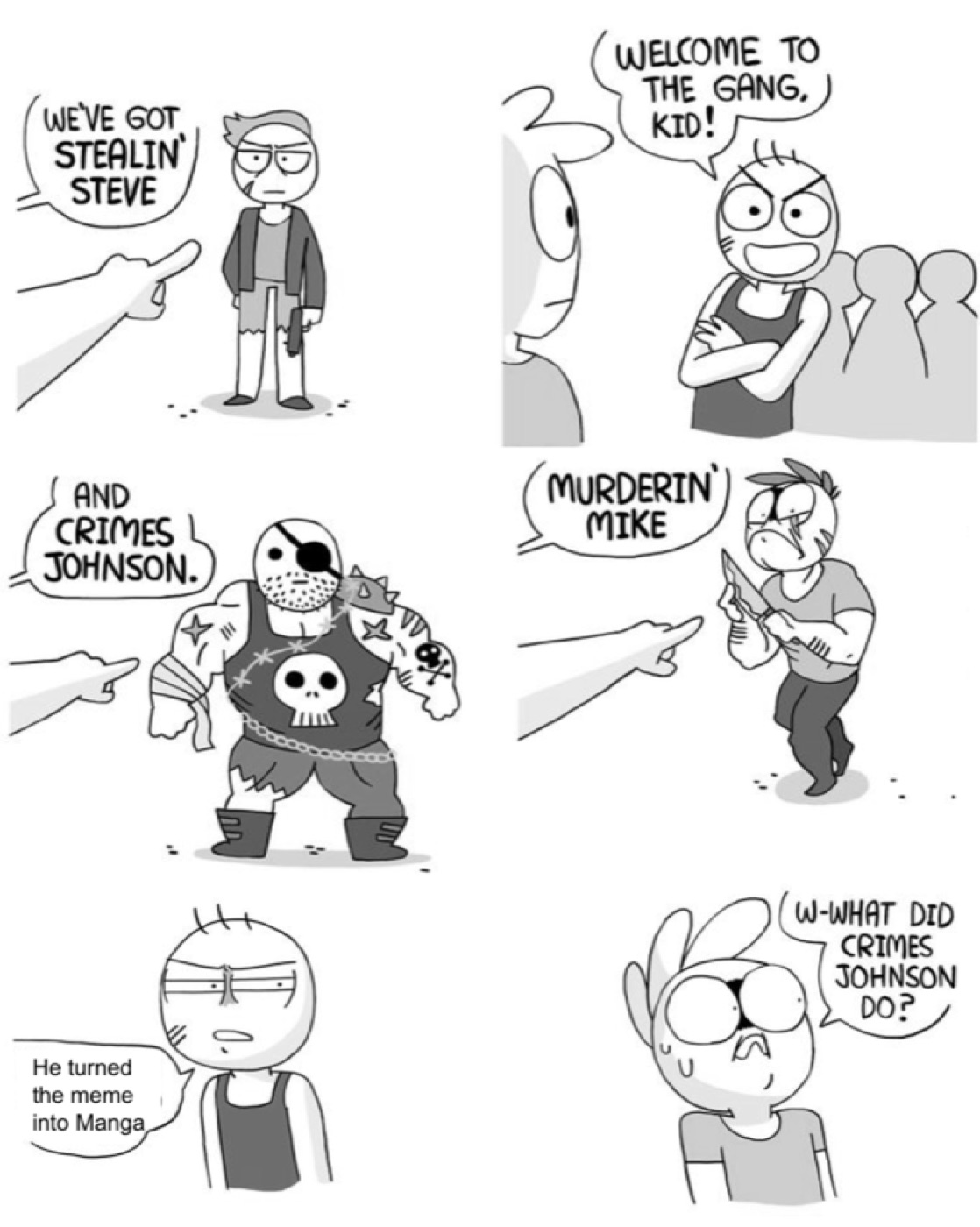 Six-panel black-and-white webcomic introducing "Stealin' Steve", "Crimes Johnson" and "Murderin' Mike", ending "W-what did Crimes Johnson do?"