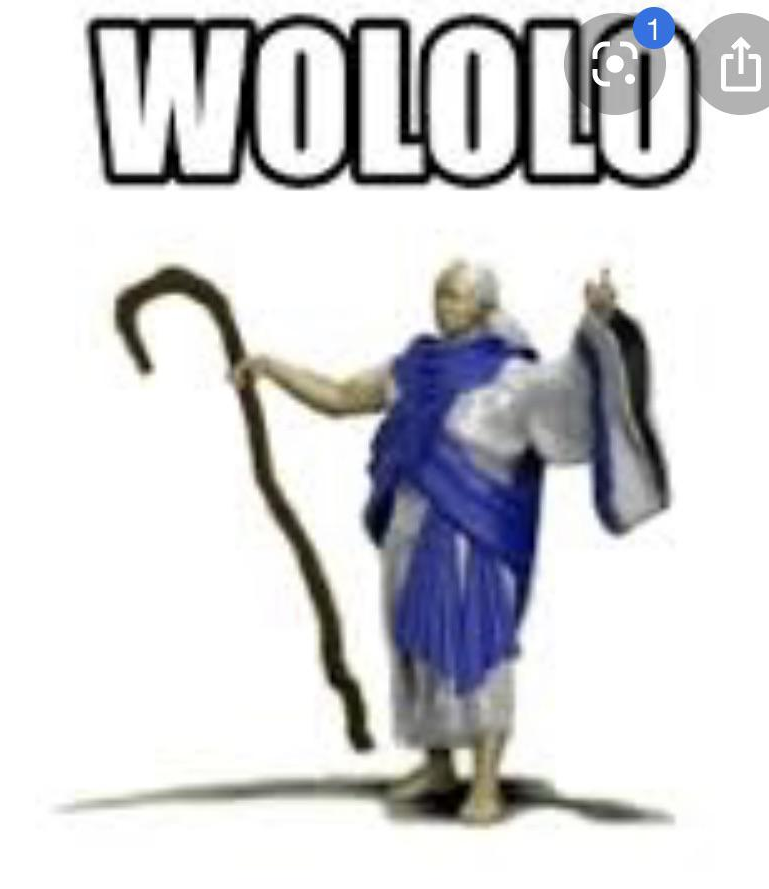 Game sprite of a bald priest in blue and white robes holding a staff, arm raised, under large text "WOLOLO"