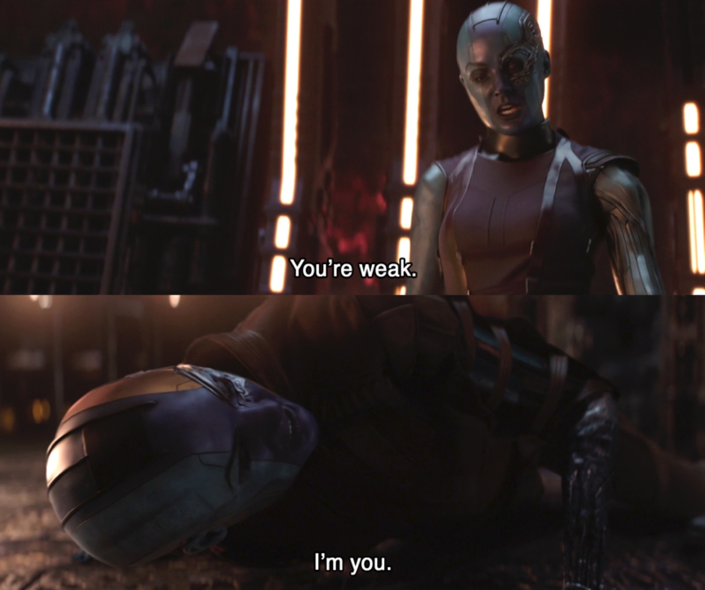 Two stacked film stills: a blue-skinned cyborg woman saying "You're weak." above a fallen figure replying "I'm you."